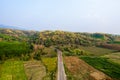 A field and road. Spring arable land. Aerial view from above