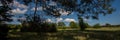 Field and silhouettes of trees in the forest and sky with clouds. Web banner