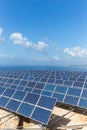 Field of solar collectors near sea with blue sky Royalty Free Stock Photo