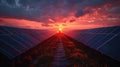A field of solar panels stretches towards a vibrant sunset Royalty Free Stock Photo