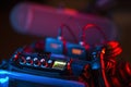 Field sound recorder in the carrying case during recordings in a video studio. In the background you can see the blimp microphone, Royalty Free Stock Photo