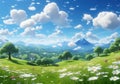 field of spring grassland flowers and perfect blue sky. AI Generative