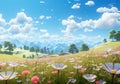 field of spring grassland flowers and perfect blue sky. AI Generative