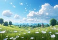 field of spring grassland flowers and perfect blue sky. AI Generative