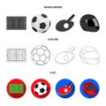 Field, stadium with markings for playing football, football ball, racket with a ball for ping-pong, protective helmet Royalty Free Stock Photo