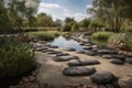 field of stones and pathways leading to serene pond