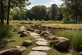 field of stones and pathways leading to serene pond