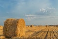 field with straw bales after harvest with cloudy sky in sunset Royalty Free Stock Photo
