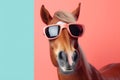 horse cartoon background colourful fun animal portrait smile funny sunglasses goggles. Generative AI.