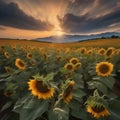 A field of sunflowers bending towards a brilliant, setting sun, creating a breathtaking, golden landscape3