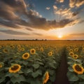 A field of sunflowers bending towards a brilliant, setting sun, creating a breathtaking, golden landscape2