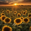 A field of sunflowers bending towards a brilliant, setting sun, creating a breathtaking, golden landscape4