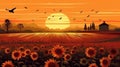 field with sunflowers garden at sunset generative AI