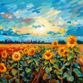 A field of sunflowers at sunset. Oil painting texture. Impressionism style. Royalty Free Stock Photo