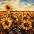 A field of sunflowers at sunset. Oil painting texture. Impressionism style. Royalty Free Stock Photo