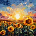 A field of sunflowers at sunset. Oil painting texture. Impressionism style. Royalty Free Stock Photo