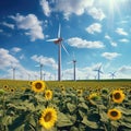 Field of Sunflowers and Windmills Under a Blue Sky. Generative AI. Royalty Free Stock Photo