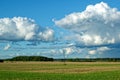 Field on a sunny day with power transmission poles in Dobele, Latvia Royalty Free Stock Photo