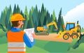 A field supervisor supervises a land clearing project with heavy equipment for development vector illustration
