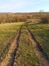 a field trail made by tractor tires in the mud Royalty Free Stock Photo