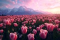 Field of tulip flower with snow capped mountain background during sunrise Generative Ai Royalty Free Stock Photo