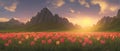 A field of tulips against the backdrop of mountains. Spring banner vector illustration. huge field of colorful tulips. Royalty Free Stock Photo