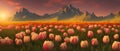 A field of tulips against the backdrop of mountains. Spring banner vector illustration. huge field of colorful tulips. Royalty Free Stock Photo