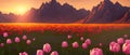 A field of tulips against the backdrop of mountains. Spring banner vector illustration. huge field of colorful tulips. Royalty Free Stock Photo