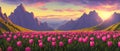 A field of tulips against the backdrop of mountains. Spring banner vector illustration. huge field of colorful tulips. Royalty Free Stock Photo