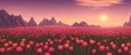 A field of tulips against the backdrop of mountains. Spring banner vector illustration. huge field of colorful tulips. Royalty Free Stock Photo