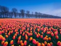 A field of tulips during sunset. Netherlands. Fog over the field. Landscape with flowers during sunset. Royalty Free Stock Photo