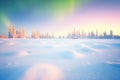 field of untouched snow under a bright aurora