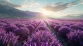 A field of vibrant lavender flowers sways gracefully in the gentle breeze as the sun sets in the background, casting a Royalty Free Stock Photo