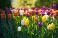 Field view of fresh mixed sunlit tulip flowers. Royalty Free Stock Photo