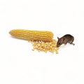 Field vole mouse with corn on white background- Royalty Free Stock Photo