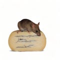 Field vole mouse over cheese wheel-