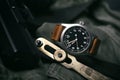 Field watch vintage style, Military wristwatch with leather strap and pistol