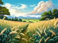 Field Of Wheat With Trees And Mountains In The Background Royalty Free Stock Photo