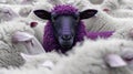 In a field of white sheep, a group of purple sheep stands out, surrounded by their white counterparts. Generated AI. Royalty Free Stock Photo