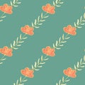 Field wildflower seamless pattern in tender summer style. Orange floral ornament on blue bakground