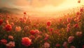 A field of wildflowers dominated by shades of rose pink and red