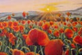 Field of wildflowers red poppies in sunlight watercolor oil painting Royalty Free Stock Photo