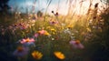 a field of wildflowers with the sun setting in the background Royalty Free Stock Photo