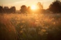 a field of wildflowers with the sun setting in the distance in the distance, with trees in the background, and a field of grass Royalty Free Stock Photo