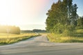 Field winding road through the green meadow. Beautiful lanscape