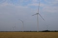 A field of windmills spin in front of a colorful evening sky. A wind turbine is used to produce electricity. Wind energy is the Royalty Free Stock Photo