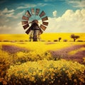 Field of yellow flowers in the countryside with an old windmill in the distance Royalty Free Stock Photo