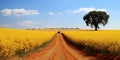 A field of yellow flowers with a lone tree in the distance. Generative AI image. Royalty Free Stock Photo