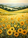 A Field Of Yellow Flowers, needle felting wool Embroidery of top view cute sunflowers