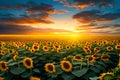 Field of Sunflowers at Sunset with a dramatic cloud formation. Generative AI Royalty Free Stock Photo